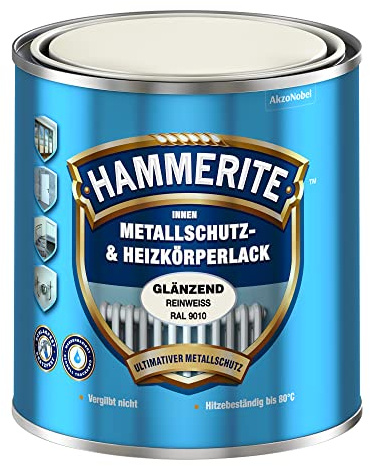 Hammerite Innen Metallschutz- und Heizkörperlack Glänzend, 3in1- Rostschutz, Weiß, 500 ml