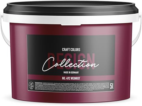 Craft Colors® hochwertige Wandfarbe edelmatt, Kreidefarbe made in Germany, DESIGN Collection No. 492 Weinrot (5 Liter)