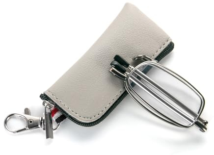 MMOWW Faltbare Lesebrille für Damen und Herren mit Teleskopstange mit Reißverschluss Schlüsselanhänger Mini Blaulichtfilter Brillen (Grau, +2,5)
