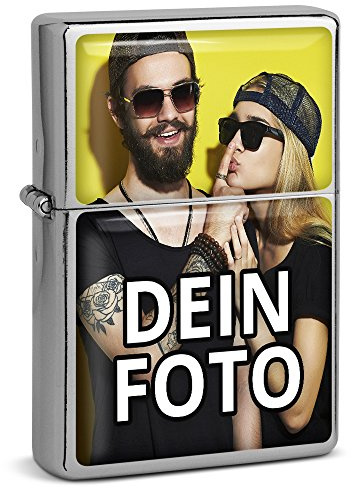 PhotoFancy® - Sturmfeuerzeug Set mit eigenem Foto Bedrucken Lassen - Benzinfeuerzeug mit Doming-Druck inkl. Metall-Geschenkdose