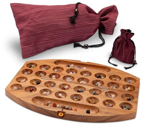 LOGOPLAY Bao Spiel aus 100% FSC-zertifiziertem Holz 35cm | Hus - Kalaha - Mancala - Steinchenspiel - Edelsteinspiel aus Samena-Holz inkl. Edelsteinen und Stoffbeutel