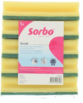 Sorbo Scheuerschwamm Grip – Besonders robuster Scheuerschwamm mit Handgriff, geeignet für hartnäckigen Schmutz, extra großer Reinigungsschwamm für Küche und Haushalt, Größe XL, 5 Stück