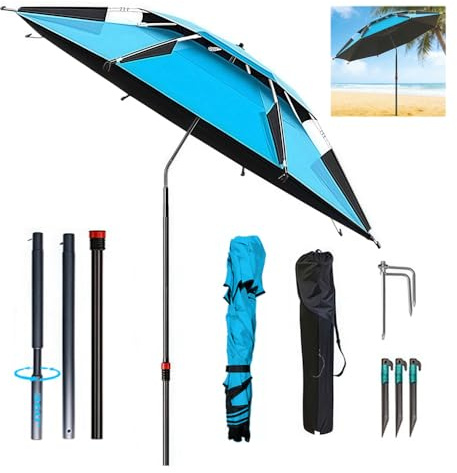 RIRIDAMAI Sonnenschirm Strand mit Bodenhülse & Tragetasche, 360° Schwenk Faltbar Strandschirm Ø160cm, Reise Sonnenschirm Windfest Stabil Wasserdicht Sonnenschutz für Balkon, Garten, Terrasse, Strand