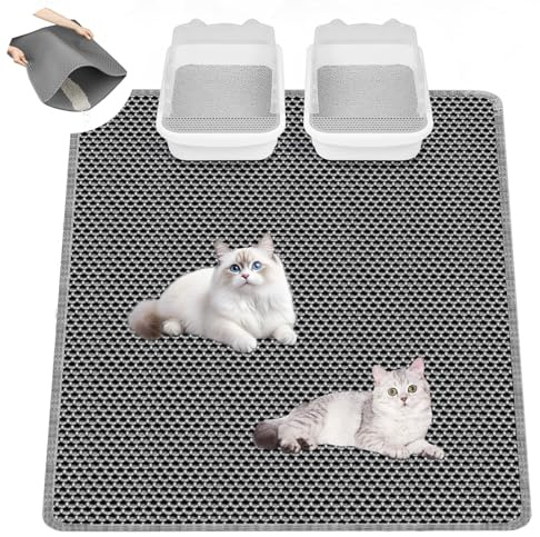 LDYOEN Katzenklo Matte, 90x60 CM Katzenstreu Matte, Waben Doppelschicht Katzenmatte katzenklo, Katzenstreumatte XXL, Matte Katzenklo Unterlage Groß, Katzenklo Unterleger Katzentoilette Vorleger, Grau
