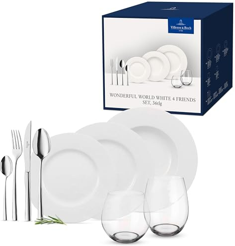 Villeroy und Boch - Wonderful World White 4 Friends Tafel Set, 36 tlg. Service für Feste, Premium Porzellan, weiß, 18/10 Edelstahl, Kristallglas