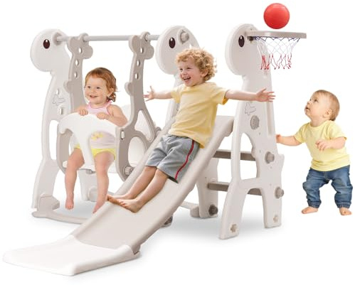 YULEYU Kleinkindrutsche Set, Indoor Baby Rutsche Kletter Freistehendes Spielset mit Basketball-Reifen & Höhenverstellbare Schaukel (Grau)