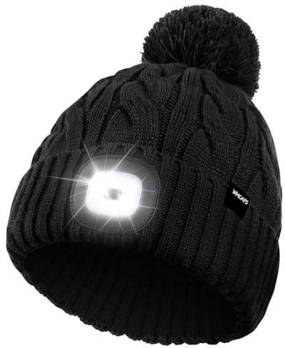 Wmcaps Mütze mit LED Licht Damen, Wiederaufladbare Type-C Strickmütze Bommelmütze mit 4 LED-Lichtern, Pudelmütze Leuchtmütze mit Lampe, Geschenkte Geschenk für Männer und Frauen, Schwarz