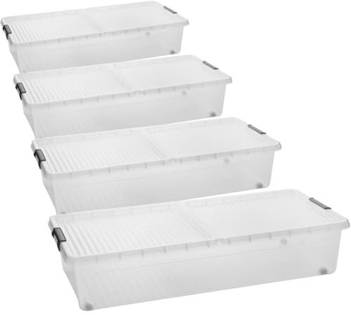 SUSTANIA Unterbettkommode 4er Set, Aufbewahrungsbox, 91x41x15 cm, transparent, Polypropylen, mit stabilem Deckel, stapelbar, perfekter Bettkasten für Kleidung, Schuhe, Bettwäsche