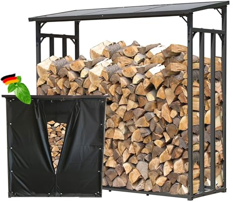 Metall Kaminholzregal Außen 185 x 70 x 185 cm Mit Wetterschutz Schwarz, Pro - 40 mm Stahlprofil, Anthrazit, Wetterfest, Kapazität 2,3 m³ (3,5 SRM), XXL Garten Kaminholzunterstand Stapelhilfe