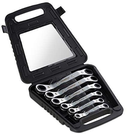 Relaxdays Ringratschenschlüssel Set 6-teilig, 6-15, 17 & 19 mm, im Koffer, umschaltbare Ratsche, Ringschlüssel, silber