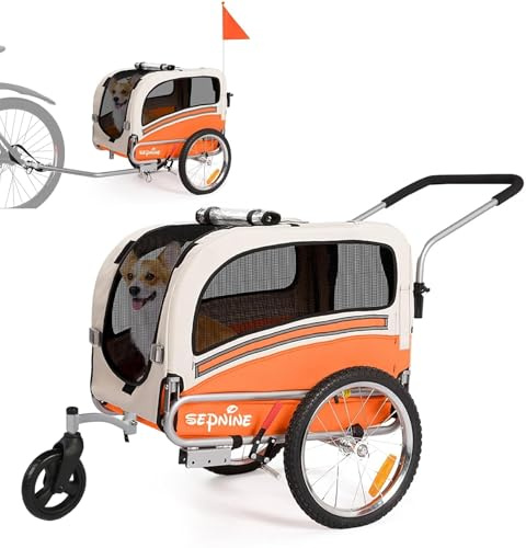 SEPNINE® 2-in-1 Hundeanhänger für Fahrrad, Fahrradanhänger Hunde,Mit Bremsen,Durchsichtige Kunststofffenster schützen vor Regen,Tragen Sie kleine und mittelgroße Haustiere unter 30 kg