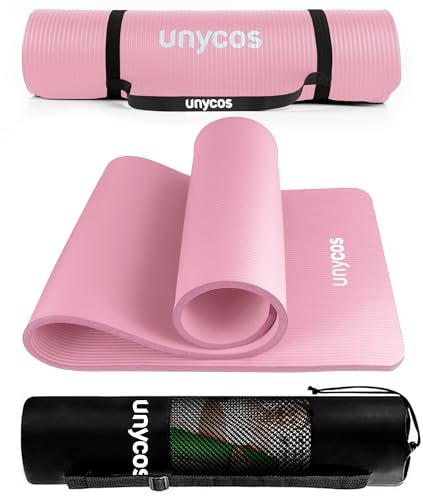 unycos - Gymnastikmatte - Yogamatte Rutschfest【183x60 cm】NBR 10 mm Dicke | Inkl. Tragegurt und E-Book mit Übunge, Sportmatte Ungiftig für Fitness, Pilates & Gym, Home Sport (Hellrosa)