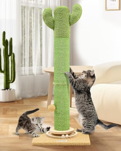 Globlazer Kratzstamm Kaktus Grun XXL hoch 94 cm mit 10cm Dicker Sisal Kratzsäule Holz Trackingball Hängende Plüschbälle, Kratzsäulen Stabil für Große Katzen Kratzen Spielen Innen (SC37, Grun)