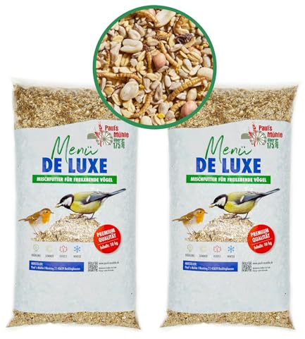 Paul´s Mühle - 20 kg Wildvogelfutter Deluxe Vögel & Wildvögel ganzjährig | Ganzjahresfutter mit Sonnenblumenkernen, Mehlwürmer & Erdnüsse - Vogelfutter & Streufutter proteinreich & schalenarm