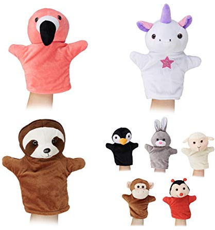 Relaxdays Handpuppen für Kinder, 8er Set Tiere, AFFE, Einhorn, Faultier, Flamingo, Handspielpuppen, weiches Plüsch, bunt