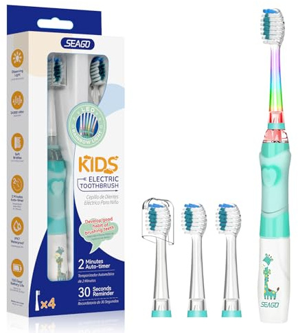 Seago Elektrische Zahnbürste Kinder ab 3-12 jahre Kinderzahnbürsten mit Farbigem Licht Smart Timer 4 Weich Bürstenköpfes Wasserdicht Baby Schallzahnbürste für Mädchen Jungen SG-977 (Grün)