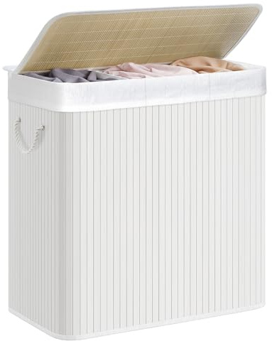 SONGMICS Wäschekorb 3 Fächer, 150 L Wäschesammler mit Deckel, Wäschebox Bambus, mit Griffen, faltbar, Wäschesack herausnehmbar maschinenwaschbar, Waschküche, weiß LCB091W01