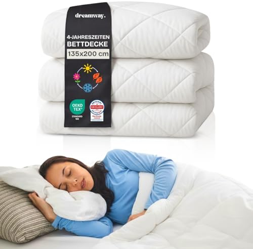 DREAMWAY Bettdecke 135x200 4 Jahreszeiten 2 teilig inklusive Ganzjahresdecke 135x200cm 300gsm + Sommerdecke 135 x 200 150gsm - 2 zusammengeknöpften Steppdecke für Vierjahreszeiten/Sommer/Winter Weiss