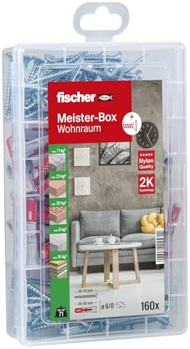 fischer Meister-Box Wohnraum, 160-teiliges Dübel- und Schraubenset, 6-8 mm Durchmesser, 30-50 mm Länge, für Heimwerker und Profis, universeller Einsatz für unbekannte Untergründe im Innenbereich