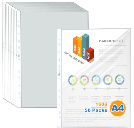 50er Extra Stark Prospekthüllen A4+ Typ L/Oben und Seitlich Offen,160µ Klarsichthüllen A4 Glasklar Folien zum Abheften Glassichtshüllen mit Lochung Klarsichtfolien für Papier, Fotos, Dokumenten