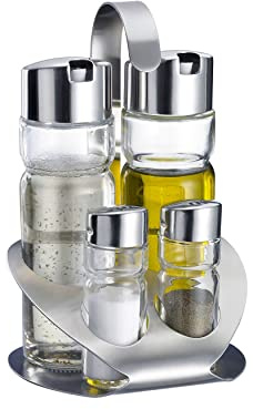 Westmark Menage Salz, Pfeffer, Essig und Öl, 5-tlg., Fassungsvermögen: 2x 40 ml/ 2x 160 ml, Rostfreier Edelstahl/Glas, Wien, Silber/Transparent, 65052260