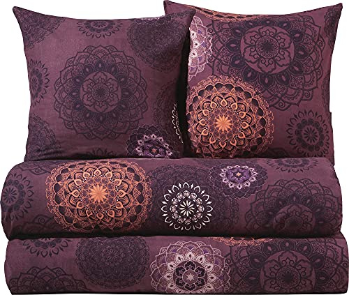 Erwin Müller Bettwäsche, Bettgarnitur Sparpaket 4-TLG. Flanell - Mandala - mollig warm, temperaturregulierend, mit praktischem Reißverschluss - aubergine Größe 80x80 cm / 155x220 cm