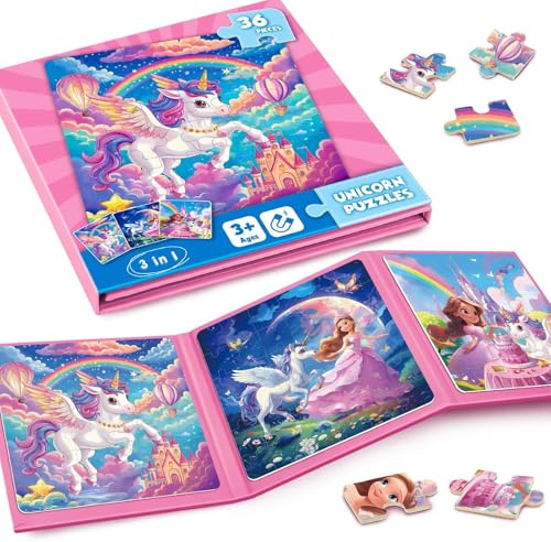 CutteeyFyry Einhorn Magnetpuzzle FüR Kinder,36pcs Reise Magnetische Puzzle Alter 3-8,MäDchen Magnet Puzzle,BeschäFtigung FüR Kinder Im Autofahrt Flugzeug,Flugzeug AktivitäTen FüR Kinders
