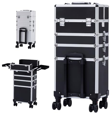 Arebos 4-in-1 Kosmetikkoffer | 4 Fächer & 1 Schublade | 8 Schlösser | Teleskop- und Tragegriff | 4x 360°-Rollen | Samtfutter | Trolley | Make-Up Koffer | Schwarz