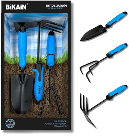 BIKAIN - Gartenwerkzeug-Set - 3 Werkzeuge - Enthält Breite Schaufel, Lanze+Gabel und Kultivator - Ergonomische und rutschfeste Griffe - Stahlwerkzeug, Schwarz
