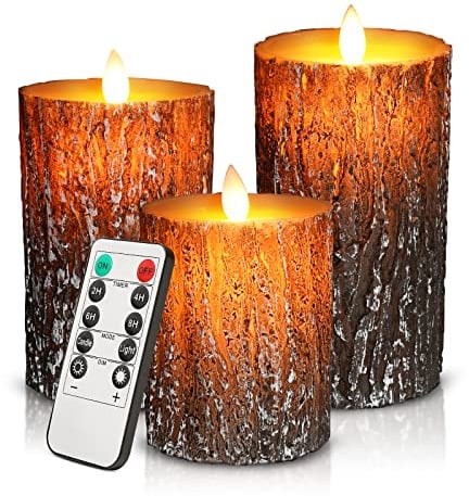 cimetech Flammenlose 3 LED Kerzen Pine Bark Cover Säule Birkeneffekt Echtwachs Flackernde Batteriebetriebene LED-Kerzen 3er Set Flackernd Fernbedienung Led Deko Kerzen