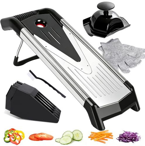 Masthome Gemüsehobel,V-Hobel mit Einsätze,5 in 1 Mandoline Gurkenhobel Edelstahl, Gemüsereibe mit V-Klinge, Gemüseschneider mit Reinigungsbürste und Handschuhen