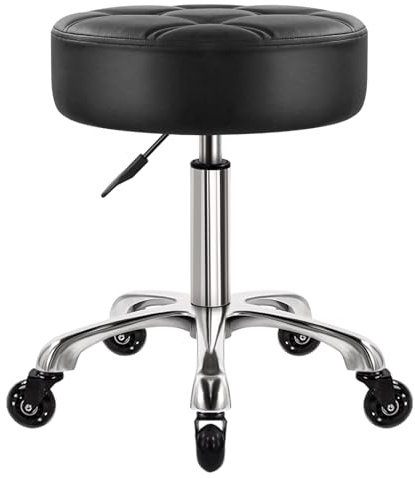 WKWKER 11 cm dicker Bürohocker auf Rädern, drehbar, verstellbar, PU-Leder, Sitzstuhl für Küche, Salon, Büro, Massage, Schwarz