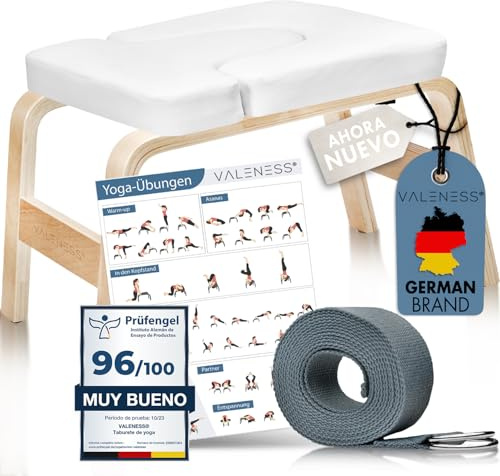 VALENESS® Yoga Kopfstandhocker aus Naturholz mit Yogagurt und Übungsposter | Massives Naturholz, inklusive Yogagurt, Yogablock und Übungsposter – ideal für Kopfstand- und Handstandübungen zu Hause