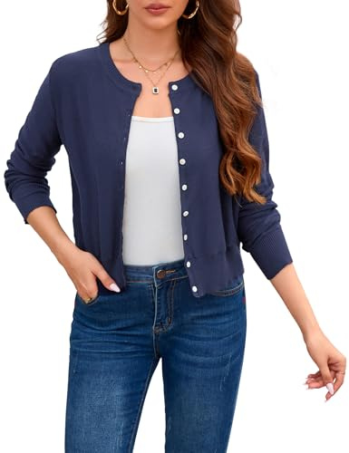 YesFashion Damen Bolero Strickjacke Kurz Strick Cardigan Rundhalsausschnitt Knopfleiste Open Front Sweater Casual Schulterjacke Top Dunkelblau M