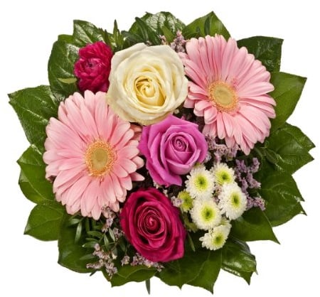 Dominik Blumen und Pflanzen, Blumenstrauß "Tango" aus 3 Rosen, Ranunkel, Chrysantheme und Gerbera