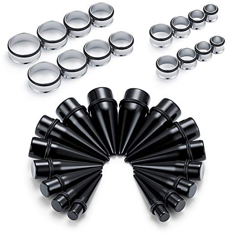 Funseedrr 32stk Ohr Dehnstäbe Set 10-24mm Ohr Tunnel Set Taper Expander Plug Piercing Edelstahl 316L Acryl, Schwarz Unisex Ohrpiercing-Schmuck Ear Stretching Kit für Anfänger & Profis
