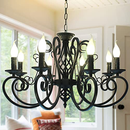 Ganeed Kronleuchter Vintage Shabby Chic Schwarz 8 Lichter | Deckenleuchte Französischer Landhausstil Leuchte Höhenverstellbar für Treppenhaus Bauernhaus Kücheninsel