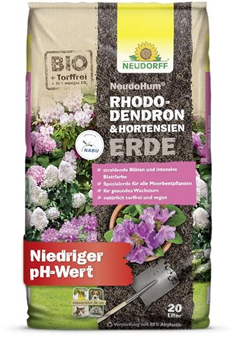 Neudorff NeudoHum RhododendronErde 20L Erde Torffreie für Hortensien - Bio HortensienErde - für prächtige Rhododendron in Topf und Kübel - auch für Moorbeetpflanzen geeignet