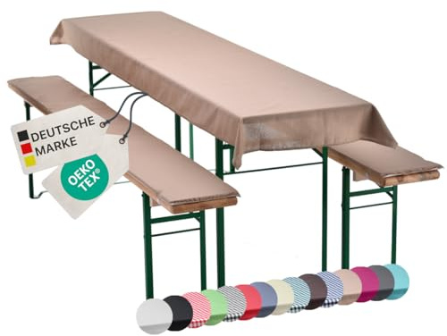 NYVI Bierbankauflagen Set NYVIGala 240x70 cm Beige - 1x Tischdecke für 220x50 cm Biertische & 2X Gepolsterte Auflage für 220x25 cm Bierbänke - Sitzauflage für Bierzeltgarnitur