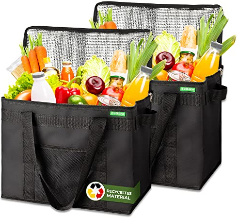 Cottara® 30L Kühltasche groß 2er Set – Faltbare Isoliertaschen schwarz | Recyceltes Material und verstärkter Boden sorgen für extra Stabilität – ideal als Einkaufstasche, Thermotasche oder Kühlbox