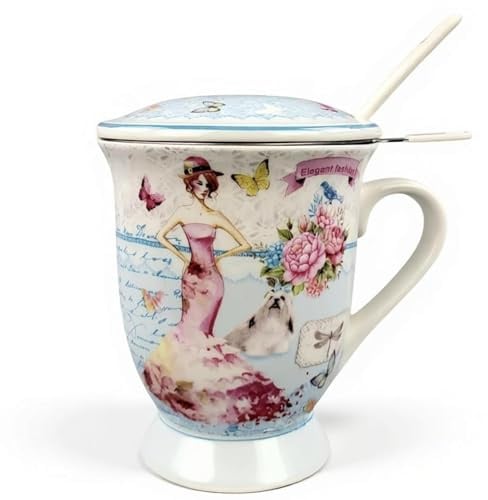 Vintage Keramik Teetasse mit Sieb, Löffel und Deckel, Becher Tasse Teetasse Kaffeebecher aus Porzellan, Teatime für Losen Tee (Fräulein)