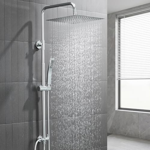 Auralum Edelstahl Regendusche ohne Armatur,Regenduschkopf 30x30CM,Duschsystem mit Höhenverstellbar Duschstange,Edelstahl Handbrause,Messing-Umschaltventil,vorhandene Bohrlöcher,Duschset Chrom