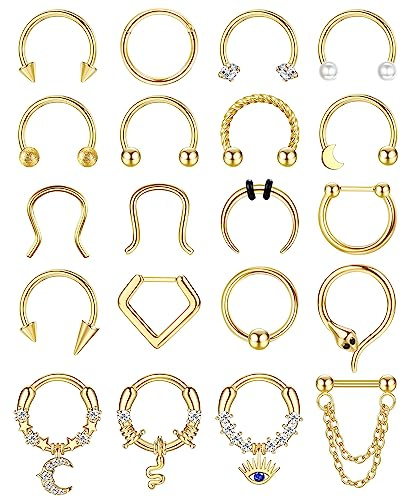 FIOROYAL 20 Stück 16G Septum Piercing Chirurgenstahl Nasenpiercing Septum | Clicker Piercing Set Gold Silber Schwarz Helix Conch Tragus Piercing Lippe Piercing Ring 10MM