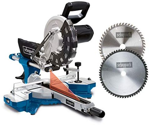 Scheppach Kappzugsäge HM254 mit Softstart & Laser - 2000W Leistung | Schnittbreite/höhe 340 x 90mm | Ø255mm Sägeblatt | Werkstückniederhalter & Aluverbreiterung | Gehrungssäge inkl. 2. Sägeblatt
