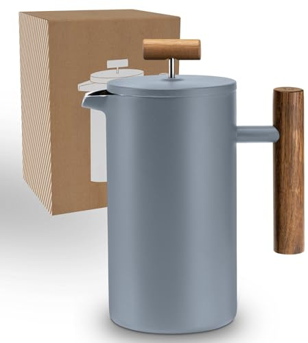 LAMBDA COFFEE® CALDERA Thermo French Press Edelstahl I 1 Liter - 5 Tassen Dusk Blue Blau I 3 Größen erhältlich I Kaffeebereiter aus Edelstahl | Doppelwandig: Hält lange Warm I Kaffeezubereiter |