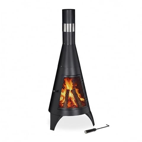 Relaxdays Terrassenofen mit Funkenschutz Tür, dekorative Feuerstelle für Holz, Gartenofen, HxD: 120x45cm, Stahl, schwarz