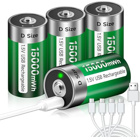 Palogreen USB D Akku Lithium/15000mWh - 4 Stück 1,5V USB D Zellen Batterien Wiederaufladbar Akkus Schnellladung in 4 Stunden Mit Typ C Ladekabel