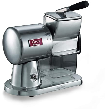 Ariete Gratì Superior 449, Professionelle Elektrische Käsereibe aus Aluminiumdruckguss für Käse, Brot, Schokolade, Trockenfrüchte, Induktionsmotor, Einfach zu Reinigen, 350W, Silber Poliert
