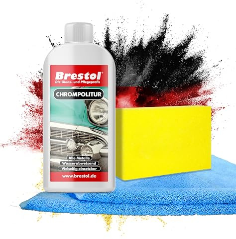 BRESTOL® Chrompolitur 250 ml - Chromreiniger & Chrompflege, Hochglanz für Chromflächen, pflegt angelaufene Stellen - Entfernt Korrosion, Ablagerungen und Verunreinigungen – 1x Schwamm & 1x Poliertuch