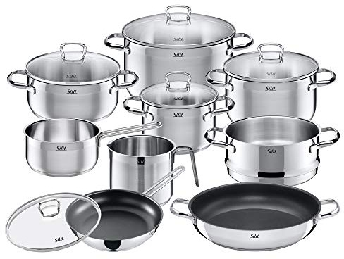 Silit Toskana Topfset induktionsgeeignet 10-teilig, Kochtopf Set mit Glasdeckel, Induktionskochtöpfe, Milchtopf, Dämpfer, Pfanne, Edelstahl teilmattiert, Induktions Töpfe Set unbeschichtet